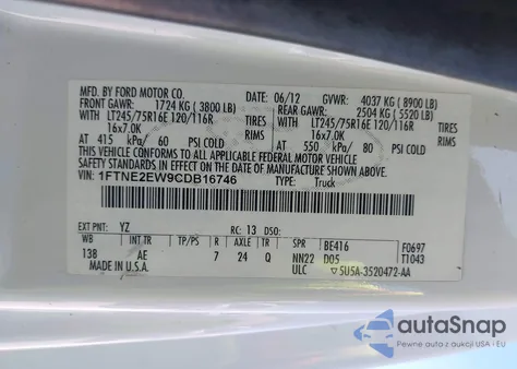 2012 Ford E-250 Commercial z USA, uszkodzony, nr VIN 1FTNE2EW9CDB16746